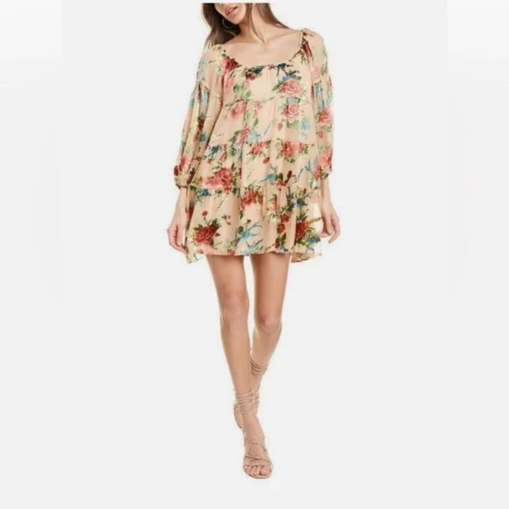 NWT Alice + Olivia Rowen Tiered Silk Floral Express Rose Tan Babydoll XS